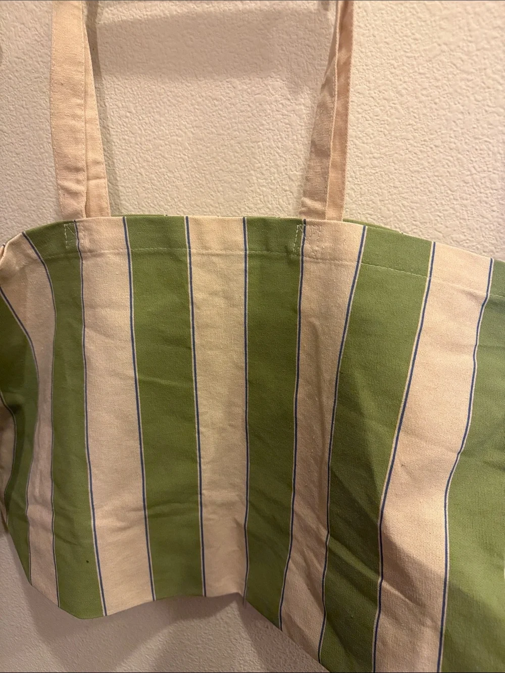 Sezane Green and Cream Striped Tote with Bold Bonjour Los Angeles Print
